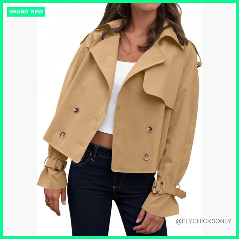 Cropped Trench Coat Oversized Double Breasted Lapel Long Sleeve Jacket